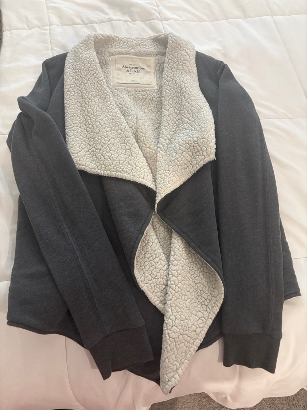 Abercrombie & Fitch Charcoal Gray Open Sherpa Cardigan with Cream Lining